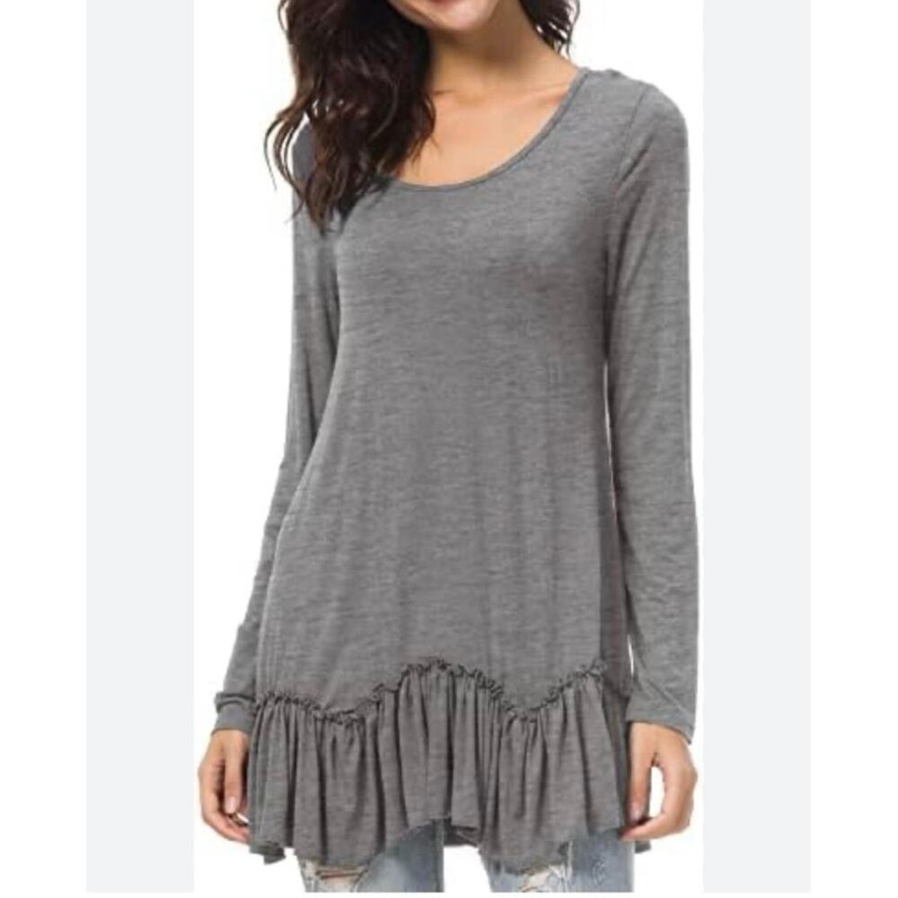 Shades of GrayTunic Top Women's S  Boho Lagnelook Charcoal‎ Knit w Woven Ruffle